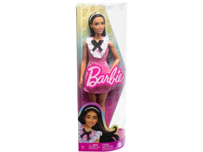 Mattel Barbie Fashionistas Doll with Black Hair Wearing a Pink Plaid Dress, Pearlescent Headband 