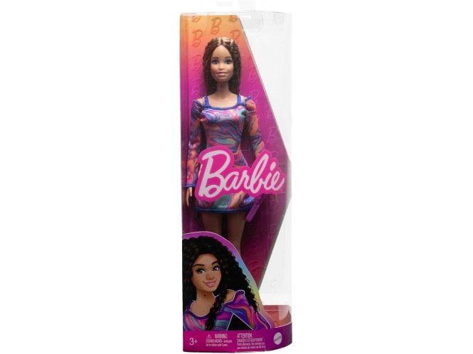 Mattel Barbie Fashionistas Doll with Crimped Hair and Freckles, Wearing Rainbow Marble-Print Dress 
